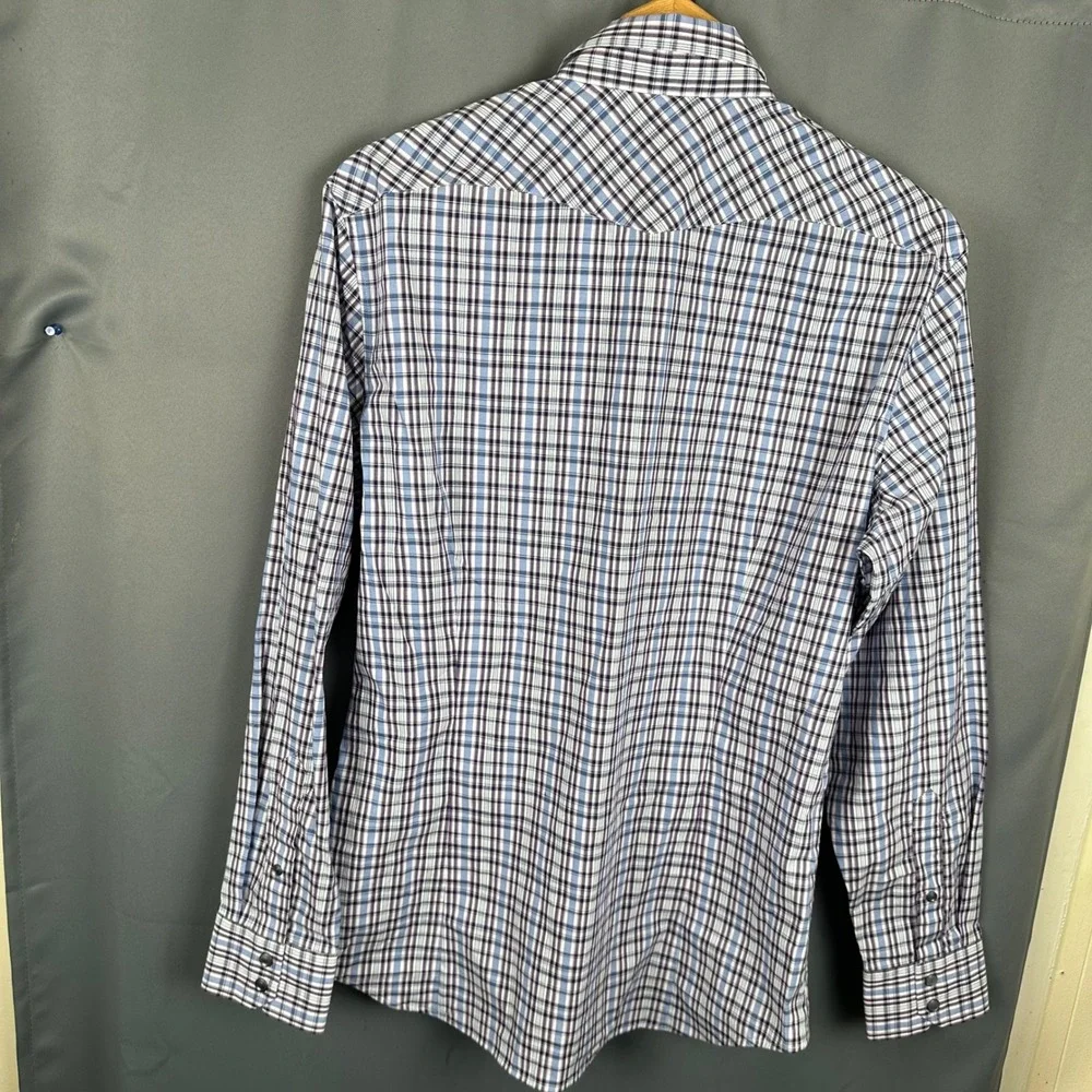 Banana Republic Mens Plaid Western Snap Front Shirt Blue Purple White Size M NWT